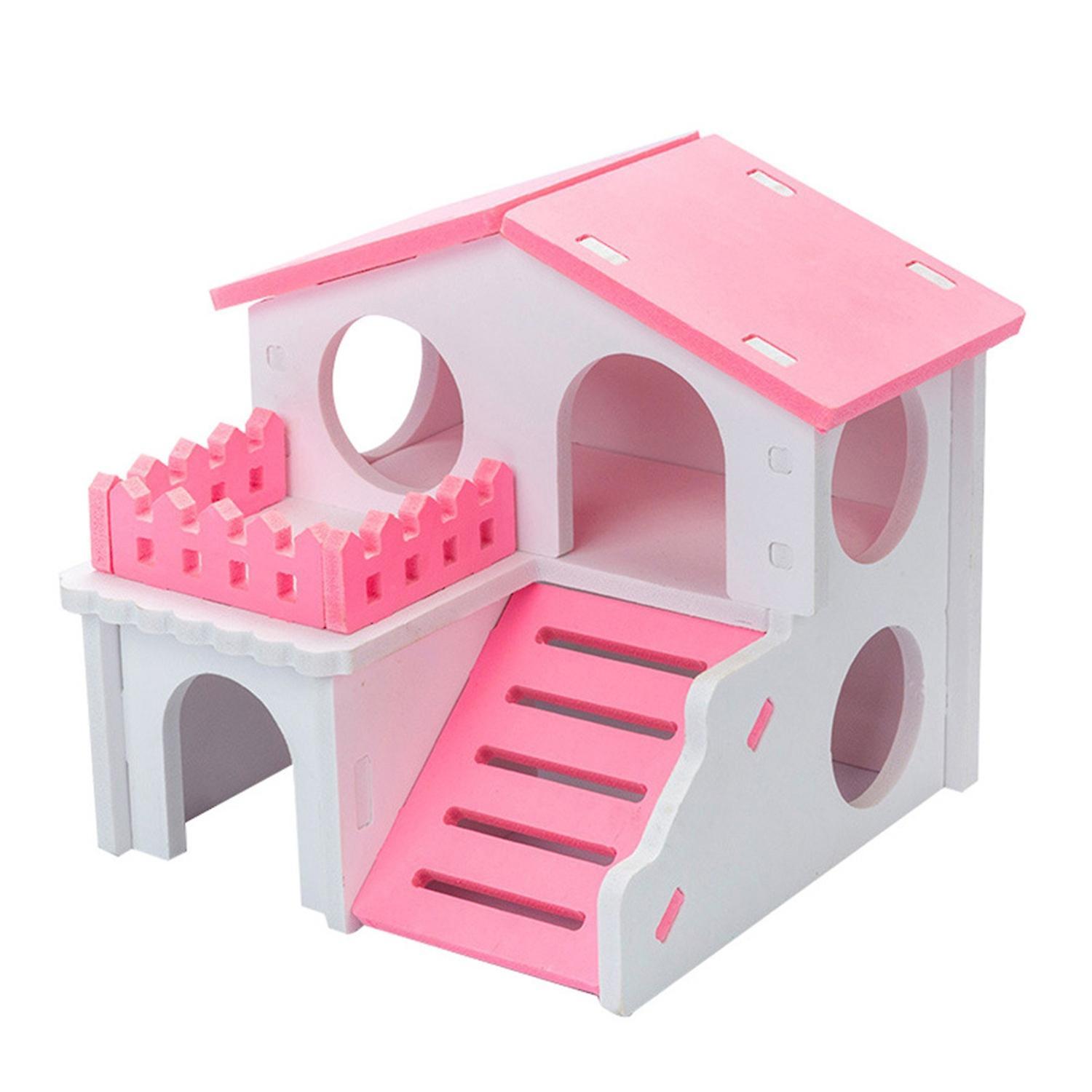 ZHOUBA Hamster House Ventilated Design Double Layers Wooden Hamster Hideout Accessories Toy for Guinea-pig Pink