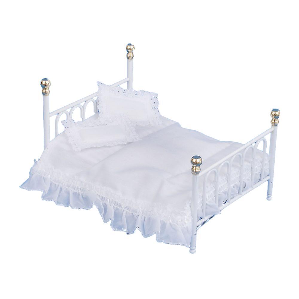 Melody Jane Dolls Houses Dolls House White Cast Iron Double Bed & Bedding Miniature Bedroom Furniture