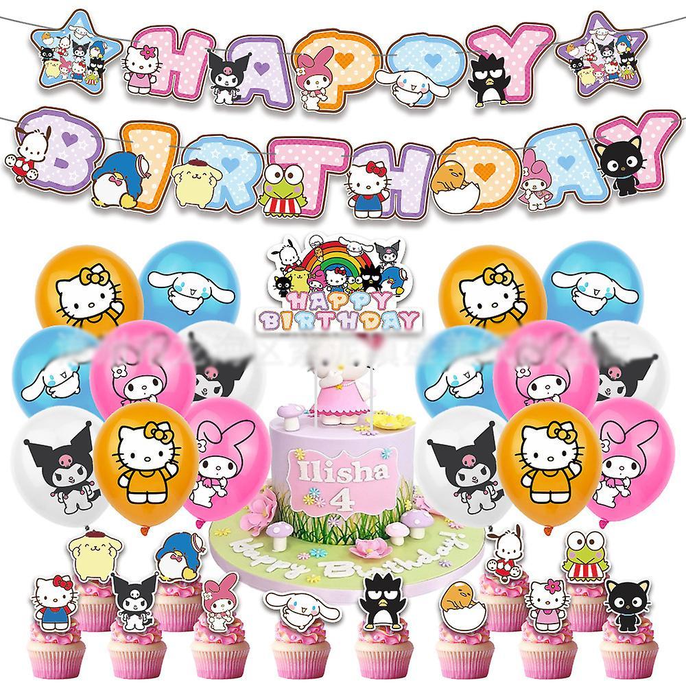 Waytogo Kawaii Hello Kitty Kuromi Birthday Balloon Set Decorations Birthday Party Supplies Birthday Banner Cake Toppers Balloons