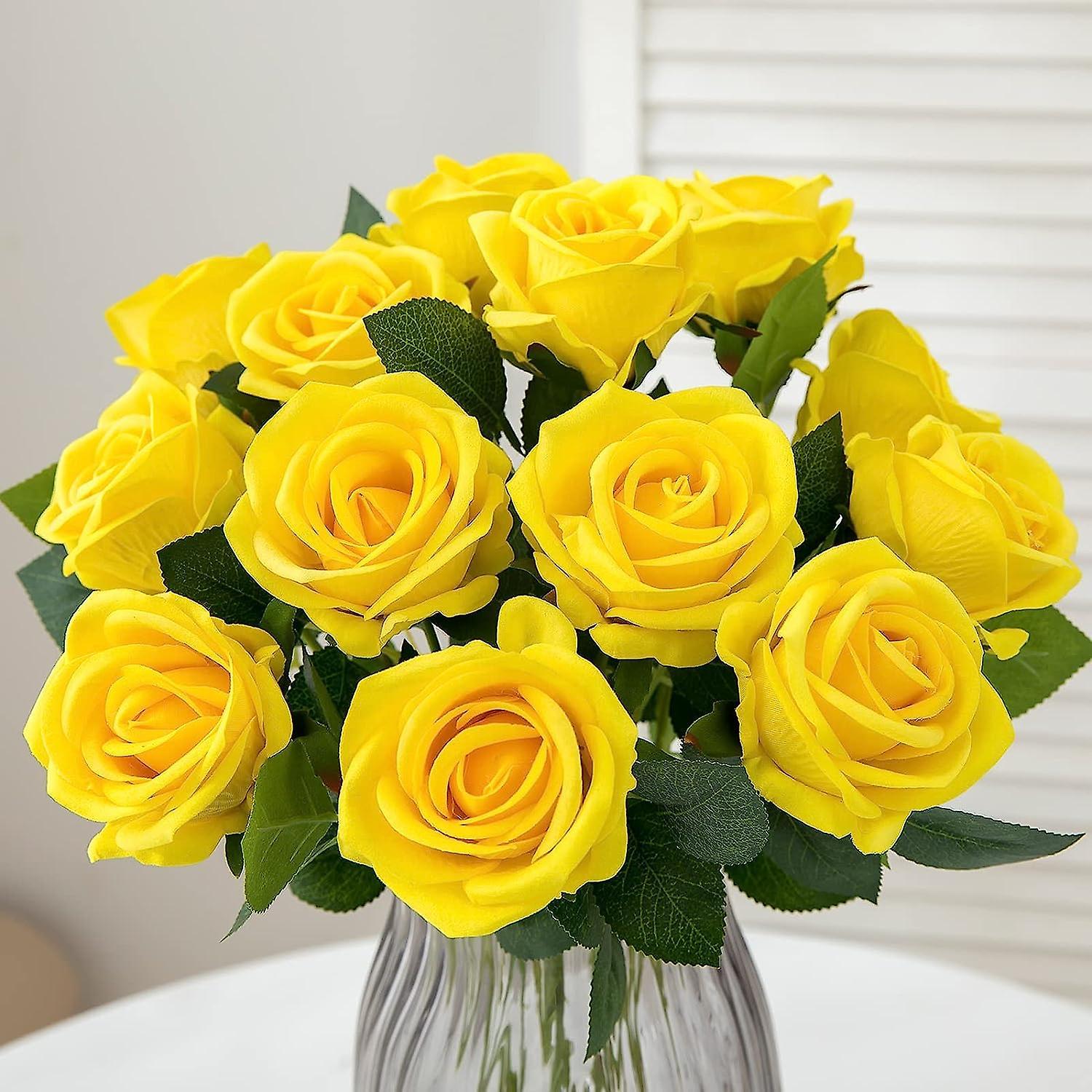 LINCMAN 12pcs Artificial Velvet Roses Silk Flowers Fake Roses Bouquet Long Stem For Home Wedding Decoration Party (yellow) standard