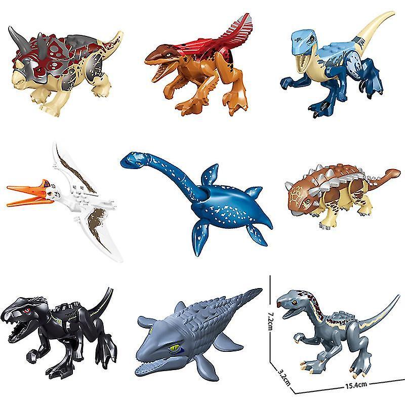 9pcs Jurassic Dinosaur Building Blocks Plesiosaur Therizinosaurus Velociraptor Indominus Rex Action Figures Children's Toys Gifts Whbyv