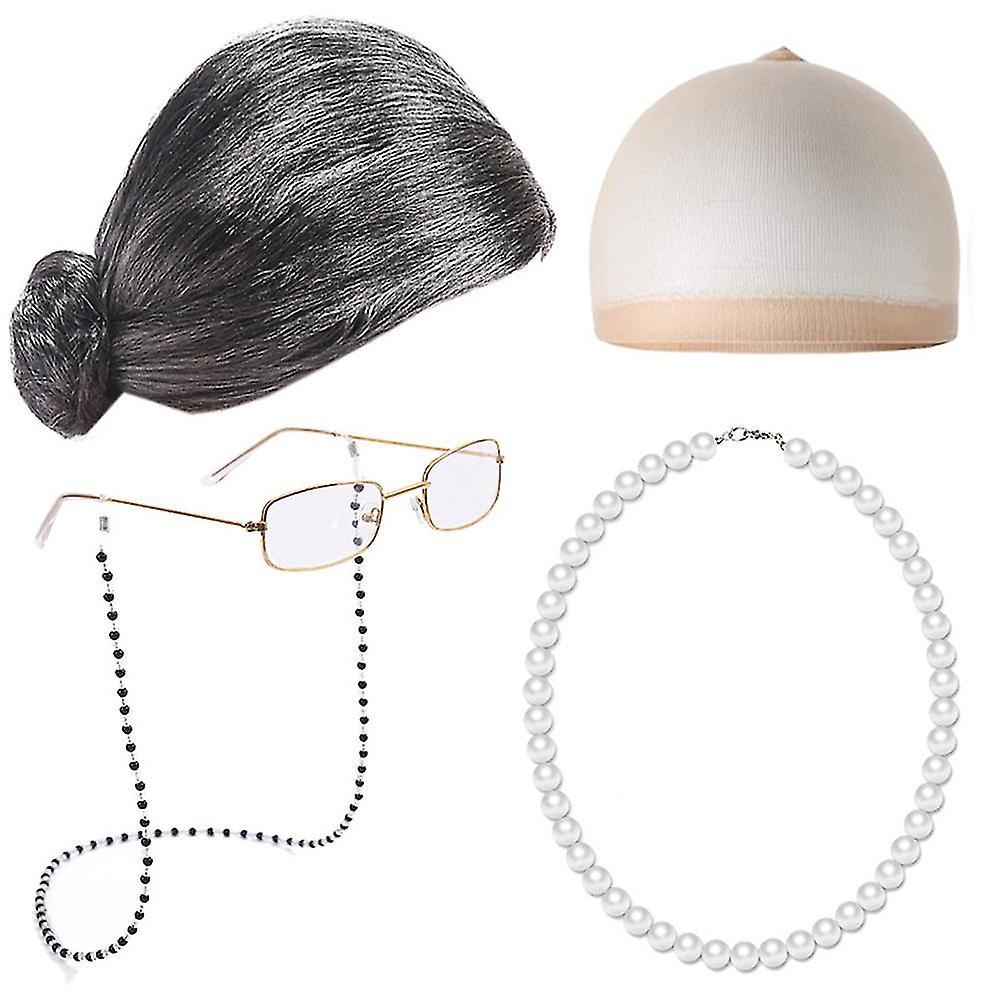 SML Kids 100 Days Of School Old Lady Wig Grandma Glasses Artificial Pearl Necklace Fancy Dress Granny Cosplay Props Set Gift A