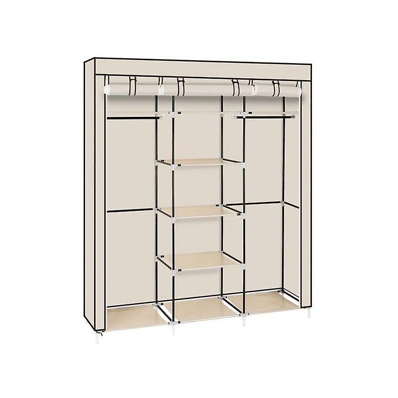 Asygv 69" Portable Clothes Closet Non-Woven Fabric Wardrobe Double Rod Storage Organizer Beige