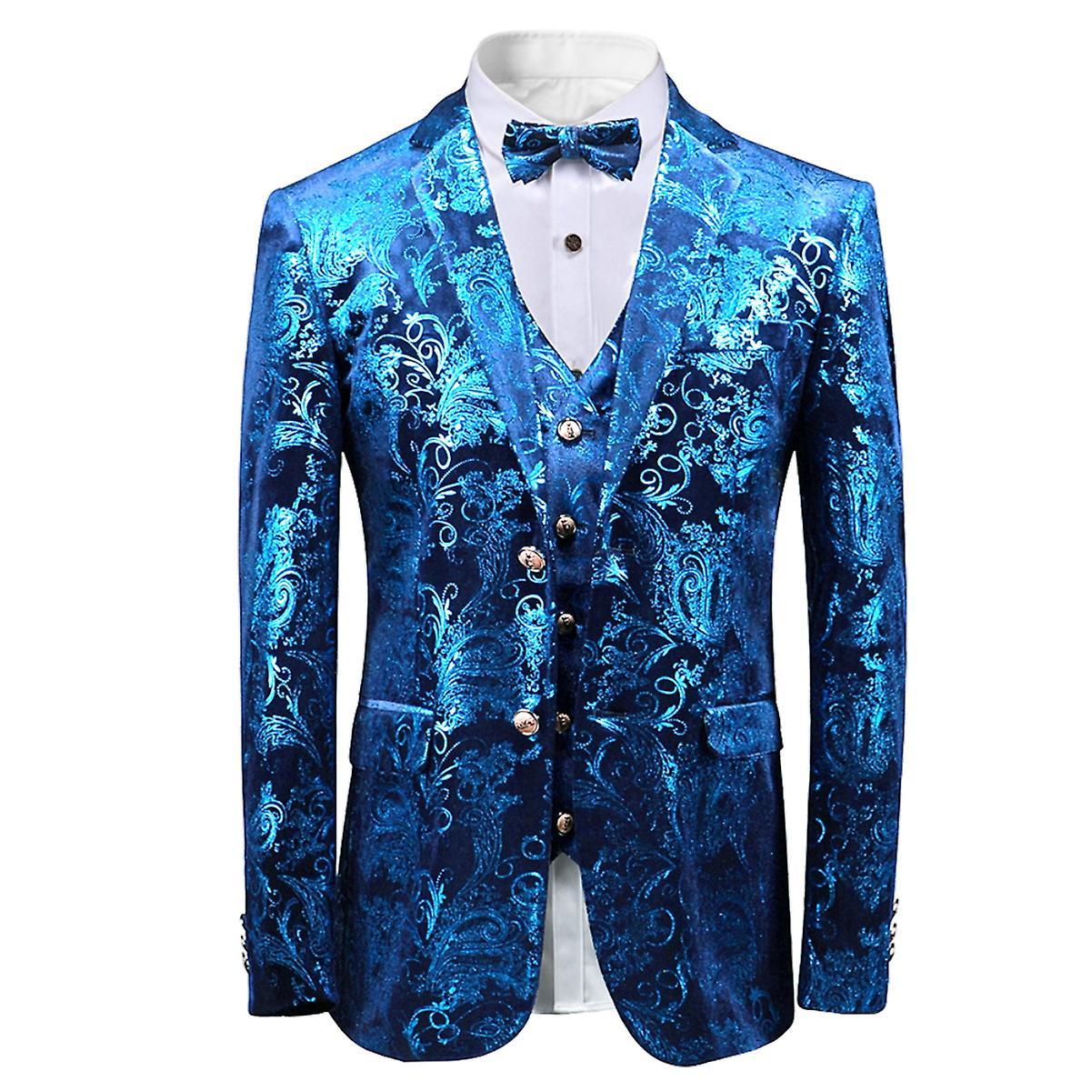 Allthemen Mens Luxury Paisley Suit Jacket Gold Shiny Slim Fit Button Down Blazer Blue L