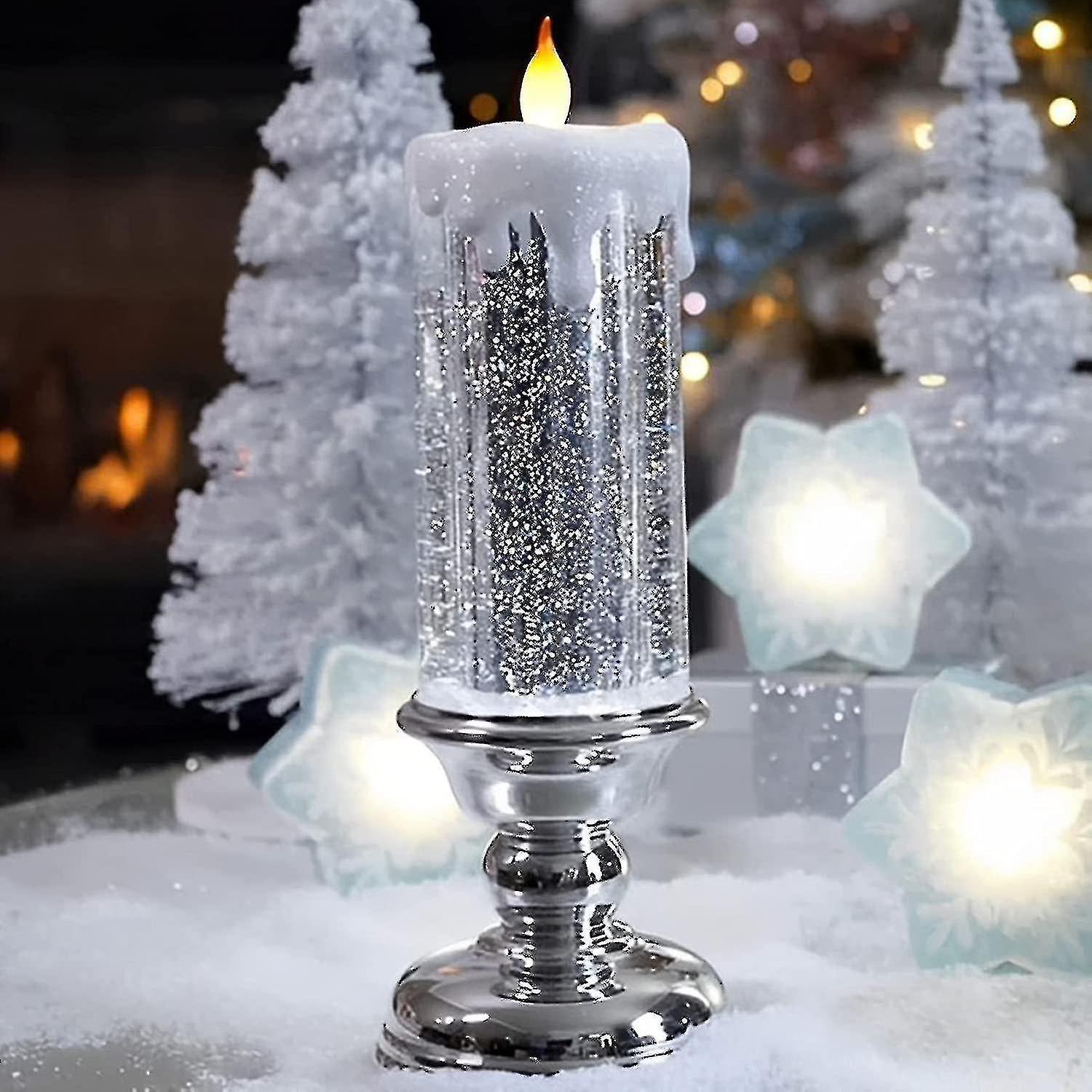 Bnetiza Led Christmas Candles, 7 Color Changing Usb Rechargeable, Waterproof Swirling Glitter Flameless Candles Silver