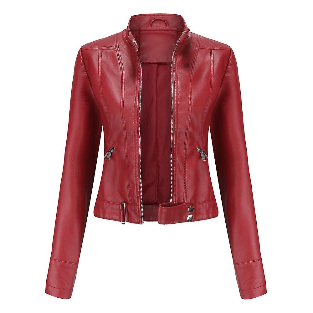 Boeyaa Women's Short Leather Jacket Spring Autumn Standing Collar Women's Leather Jacket M