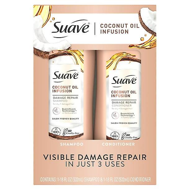 Suave damage repair shampoo and conditioner set, soft and smoothing with coconut oil for all hair types 18 fl oz