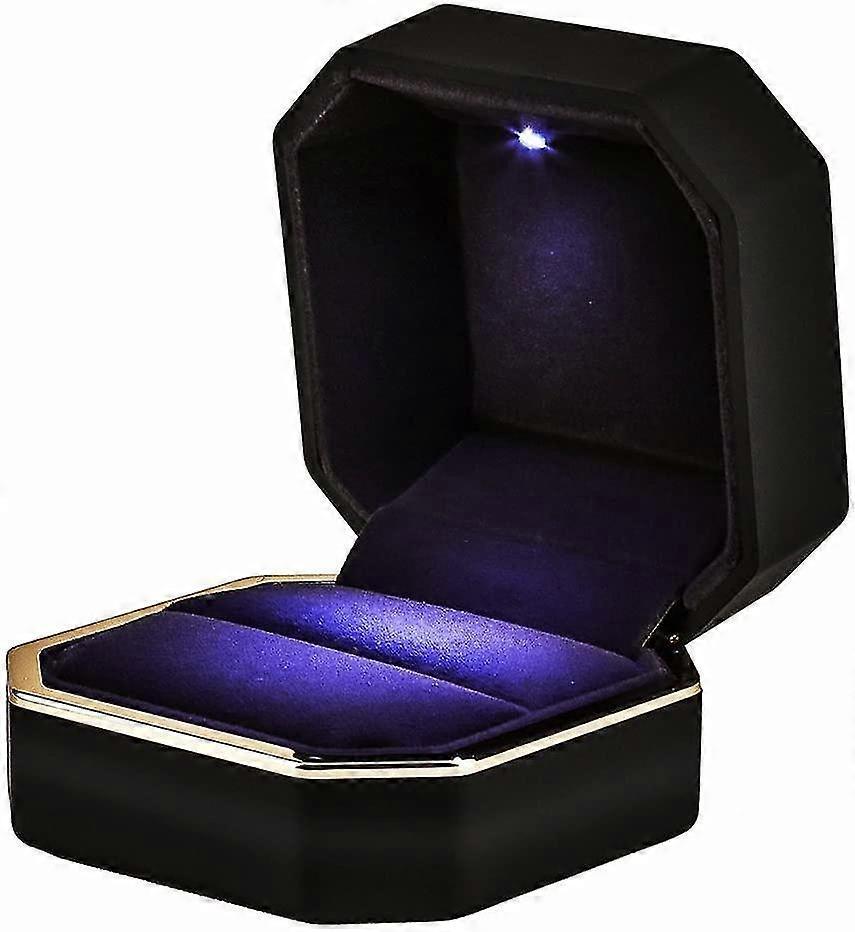 Kensty Luxury Ring Box, Square Velvet Wedding Ring Case Jewelry Gift Box With Led Light For Proposal Engagement Wedding, Black