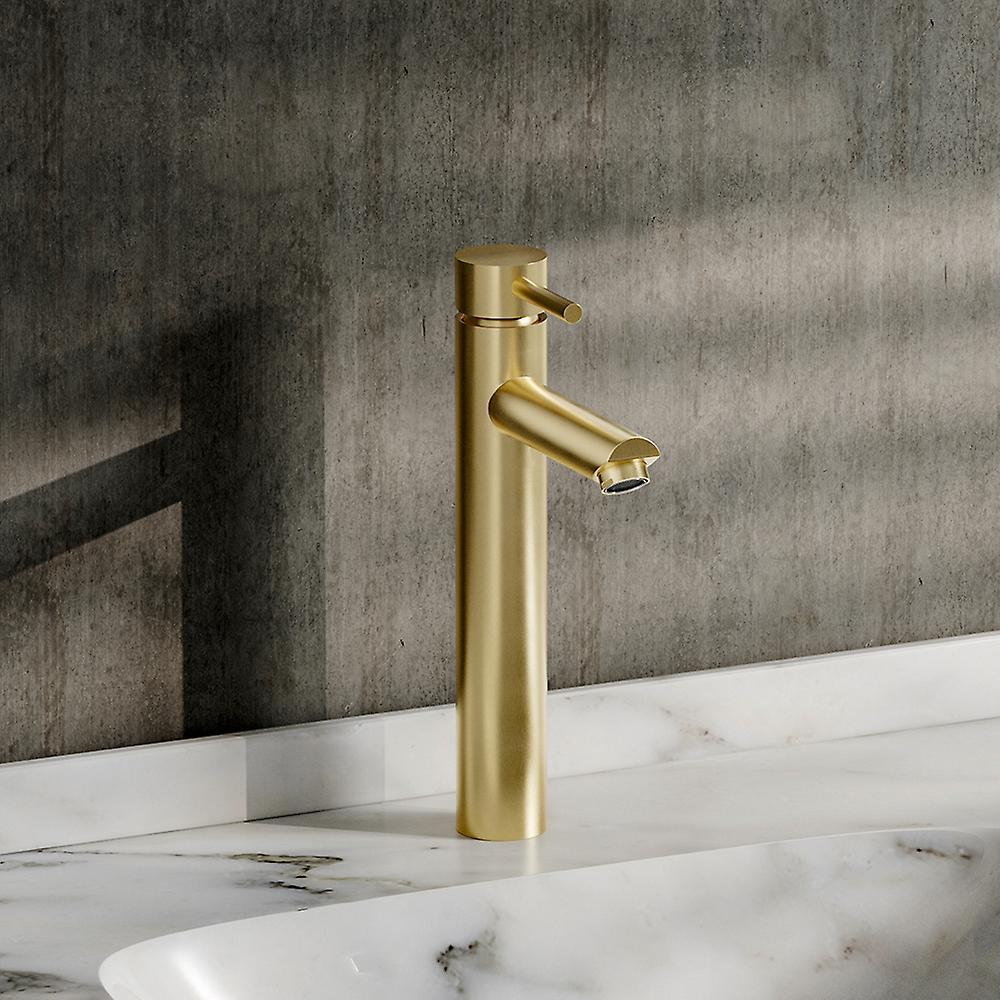 Living And Home Livingandhome Taps Brushed Gold Tall Single Handle Stainless Steel Kitchen Faucet with a pair of G1/2 Water Hoses