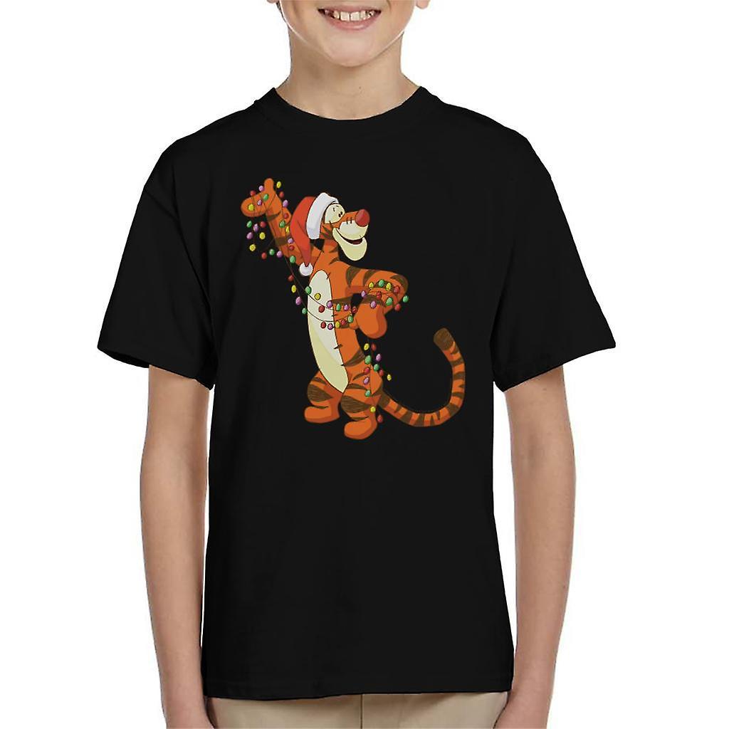 Disney Christmas Tigger Holding Festive Lights Kid's T-Shirt Black Large (9-11 yrs)