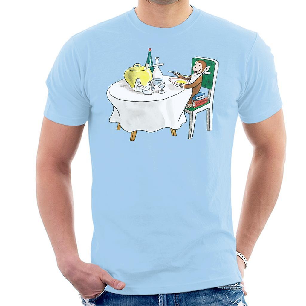 Curious George Eating A Fancy Meal Men's T-Shirt Sky Blue Medium