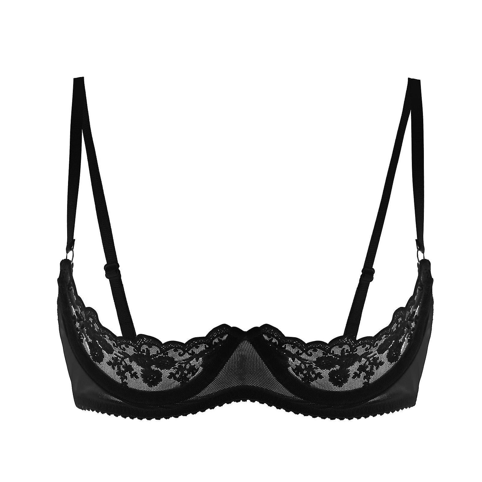 Womens Lingerie Open Chest Bras 1/2 Cup Push Up Underwire Lace Bra Adjustable Strap Sponge Padded Brassiere Underwear Banmo Black B DDDD