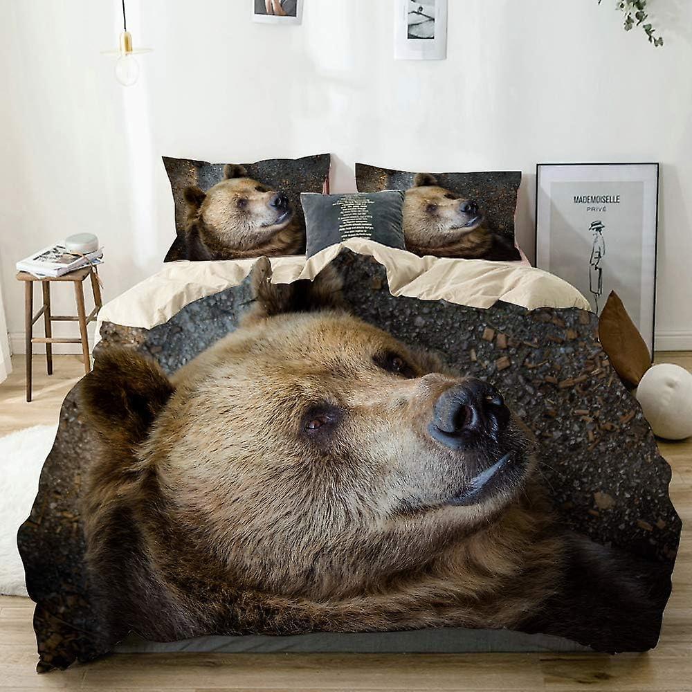 Kerota Bedding set, Beige, Portrait of the bear close up details, Duvet cover + Pillowcases 135*200 CM Single135x200cm