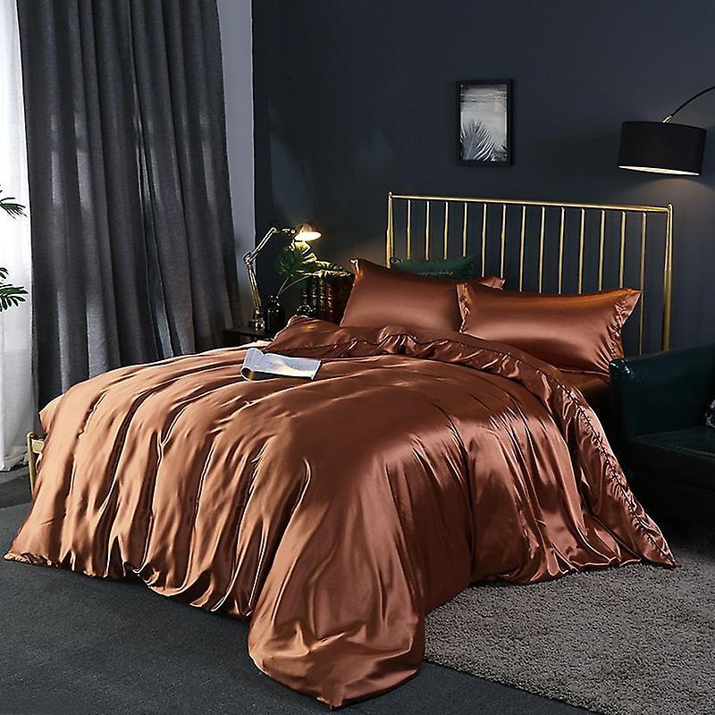 Slowmoose Satin Silk Luxury Queen King Size Bed Set Quilt Duvet Cover Linens And coffee 3pcs 240X220cm