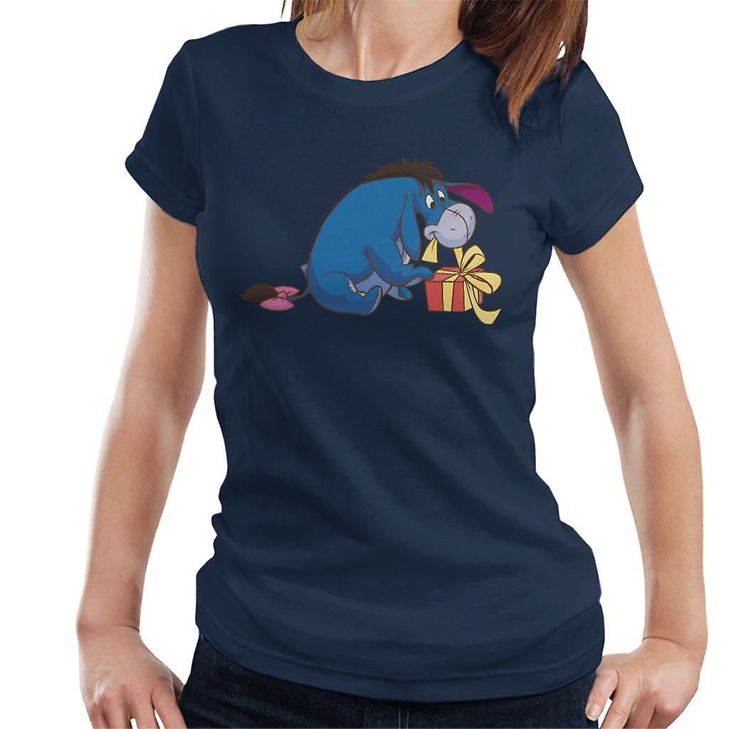 Disney Christmas Eeyore Undoing Present Women's T-Shirt Navy Blue Large