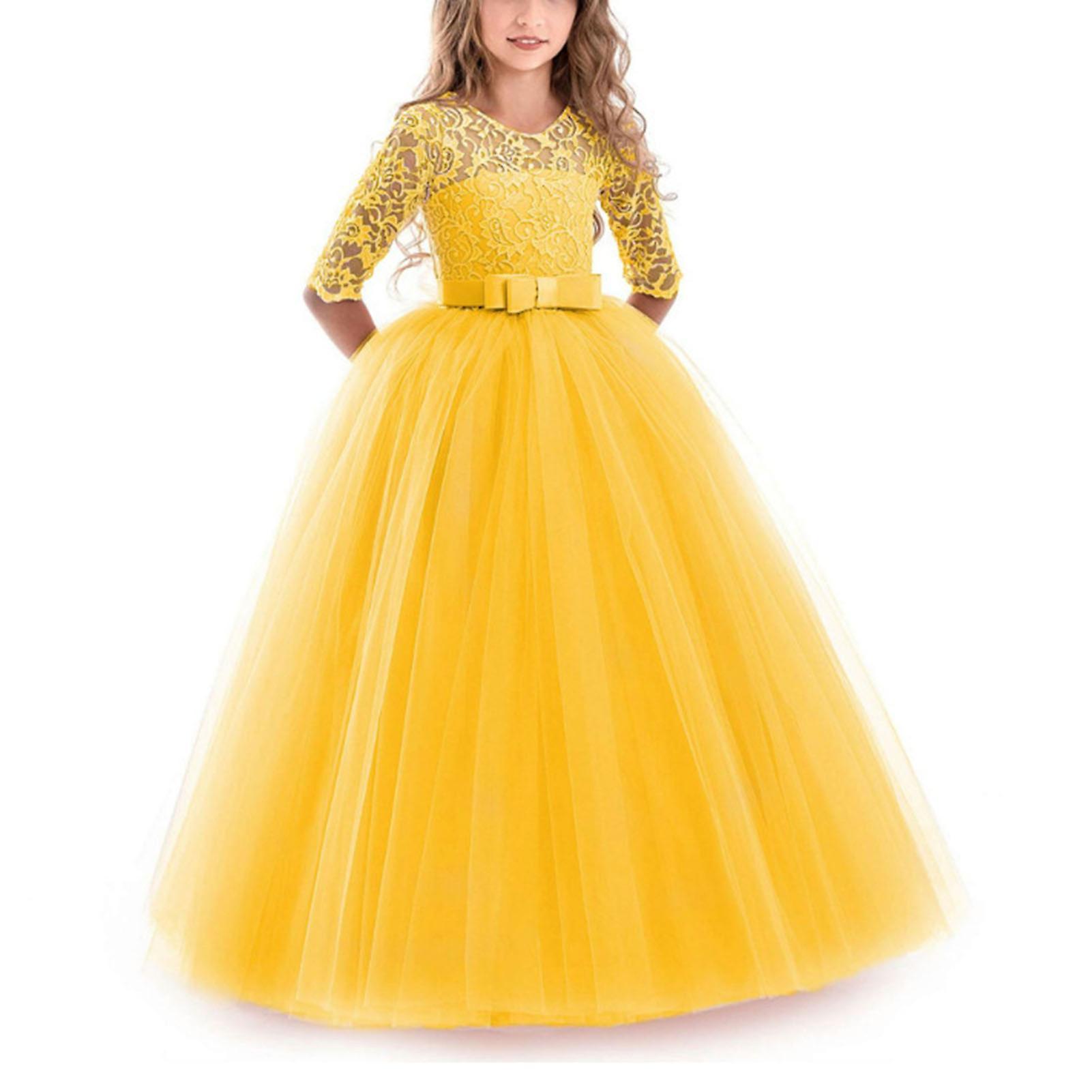 Pyltt Flower Girl Lace Dress For Kids Wedding Bridesmaid Pageant Party Prom Yellow 160cm