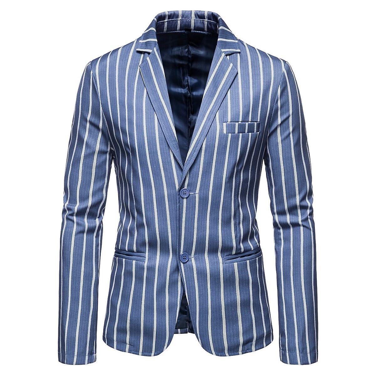 Allthemen Mens Casual Two Button Back Split Striped Slim Blazer Blue L