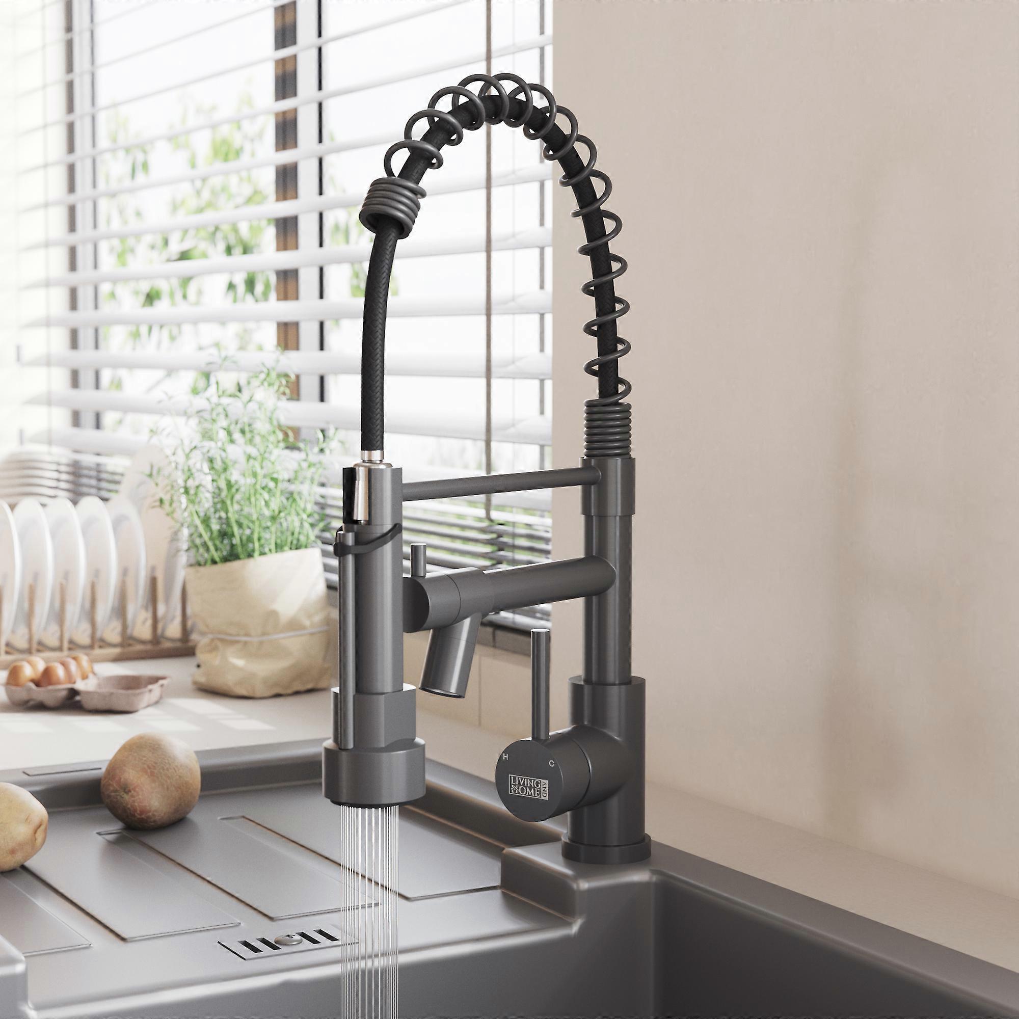 Living And Home Grey Stainless Steel Kitchen Faucet with Pull Down Spring Spout