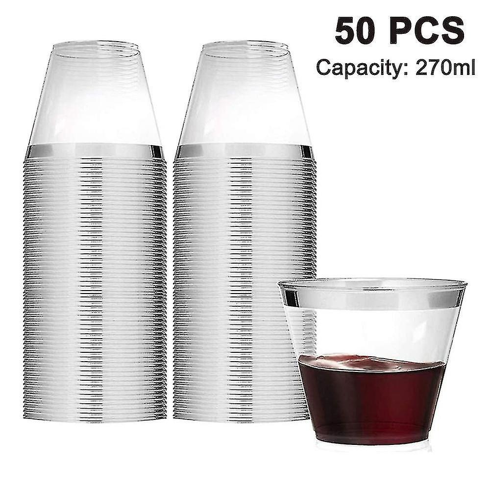 Tianzun 50 Pack Gold Rimmed Plastic Cups, 9 Oz Clear Crystal Plastic Wine Cups Silver Rim