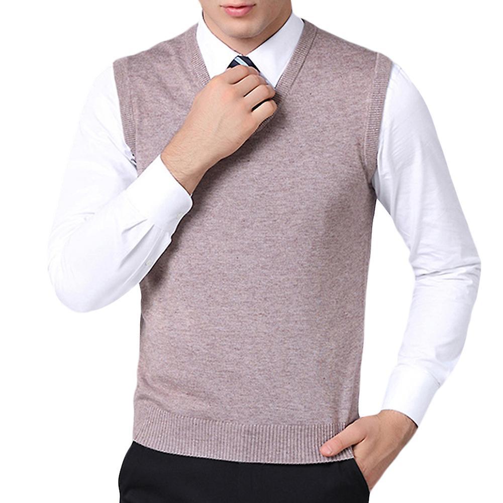 Allthemen Mens Casual Autumn V-neck Solid Knitted Waistcoat Beige XL