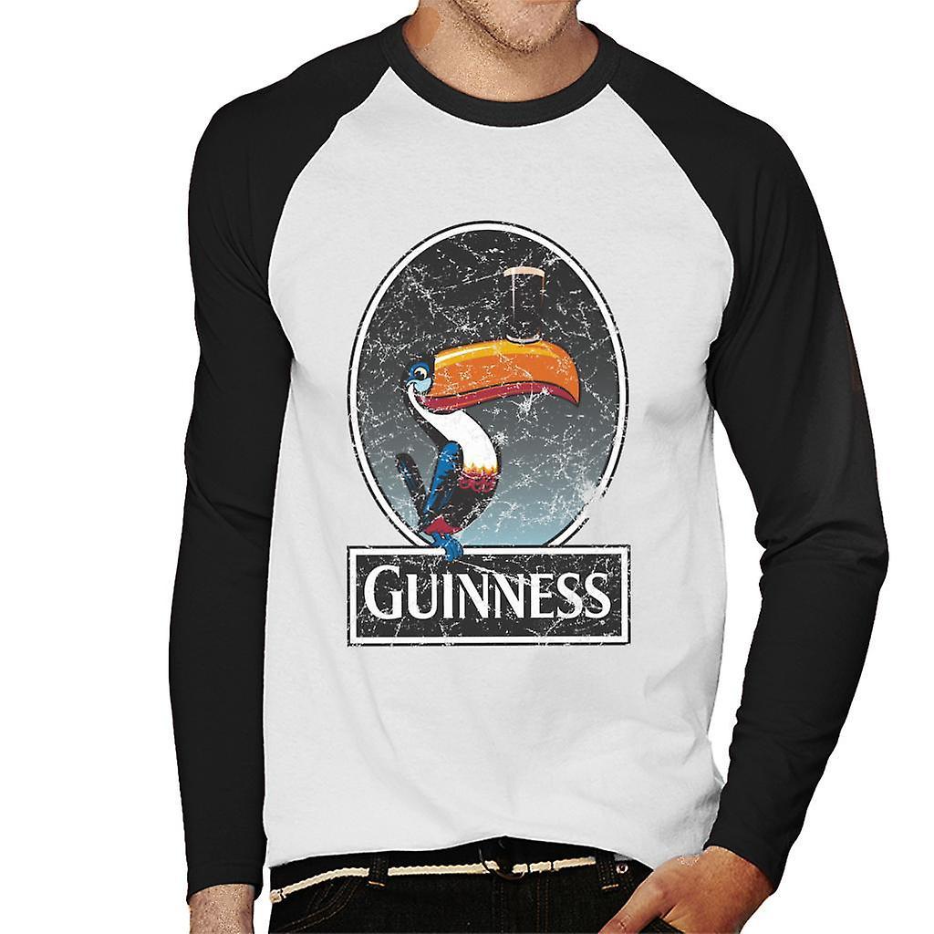 Guinness Toucan Distressed Men's Baseball Long Sleeved T-Shirt White/Black Medium