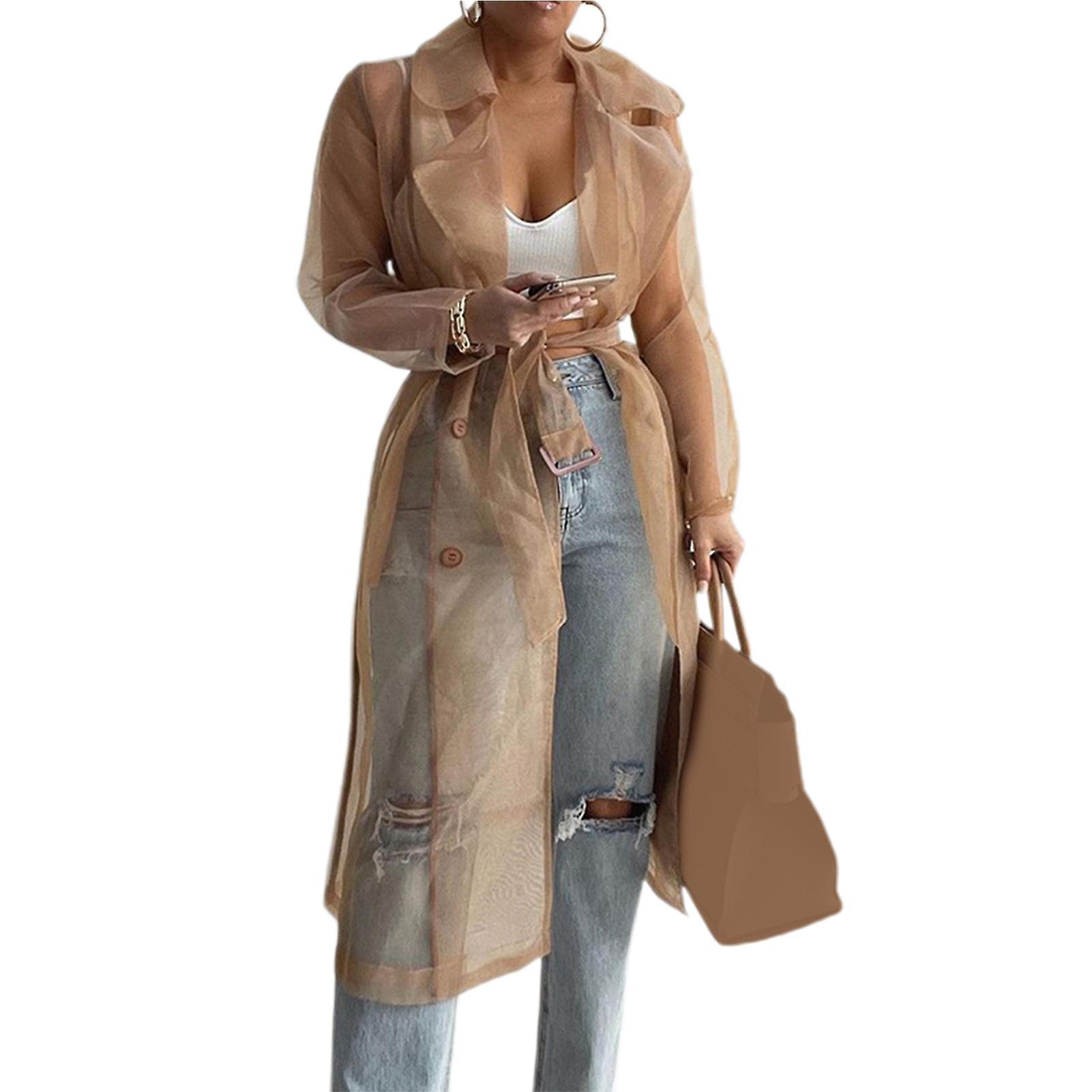 Fianao Shirt Coat Net Yarn See Through Spring Summer Lace-up Long Shirt for Daily Wear Khaki S