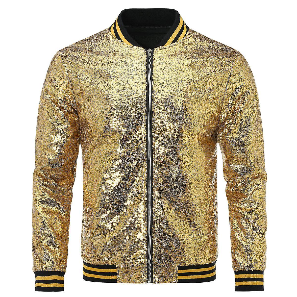 Allthemen Mens Sequins Casual Zipper Party Bomber Jacket Gold M