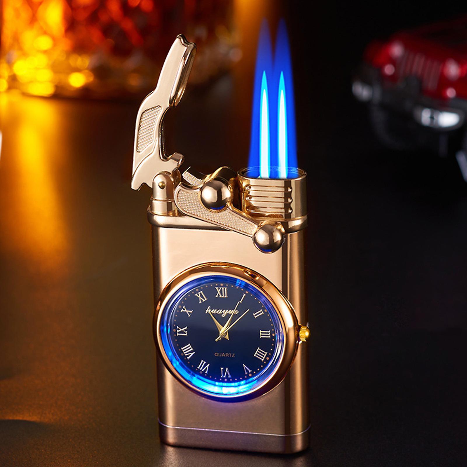 Baodan Double Fire Switching Lighter With Quartz Watch Metal Inflatable Windproof Blue Flame Lighter Fashion Gift E