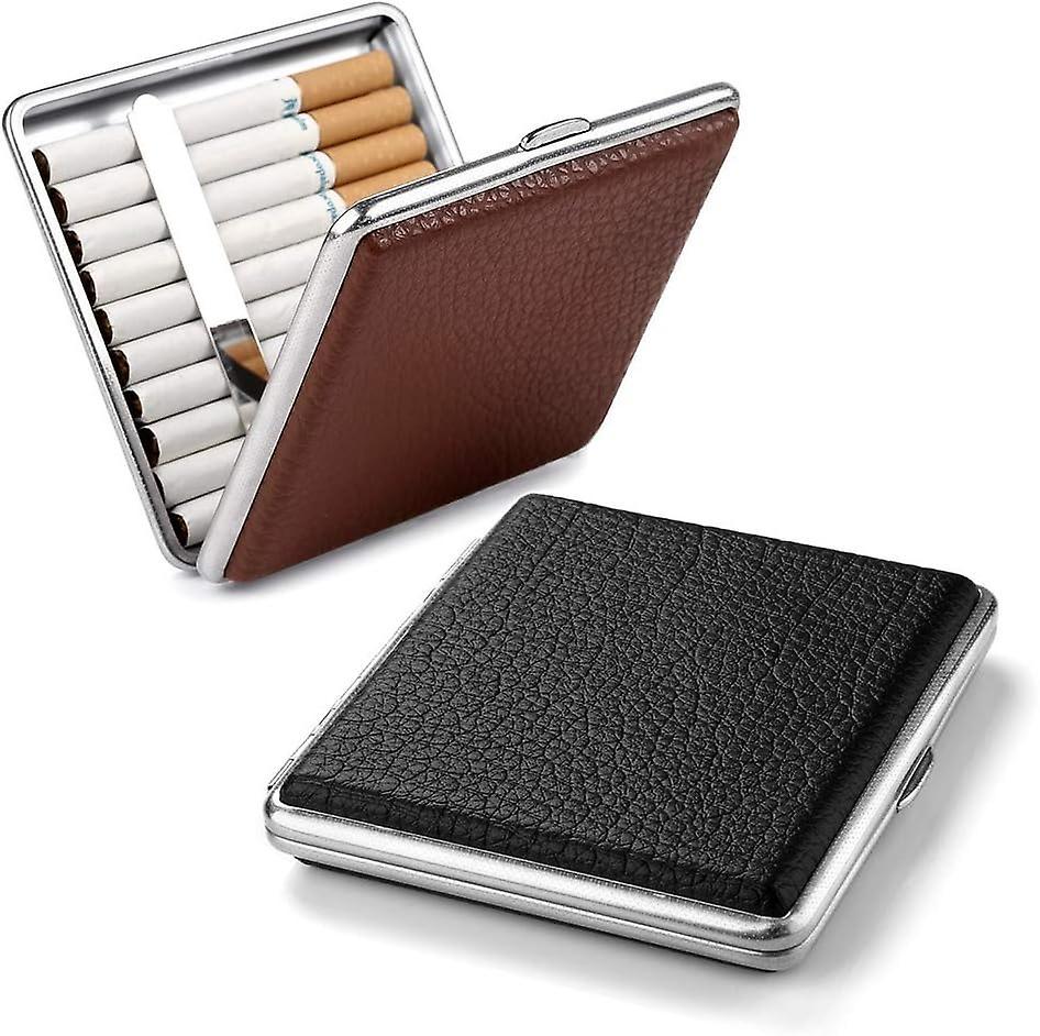 Xymcv 2 High Quality Black/brown Metallic Pu Leather Cigarette Cases, The Elegant Brown Cigarette Case Keeps The Brown Pu Leather Case For 20 Cigar...