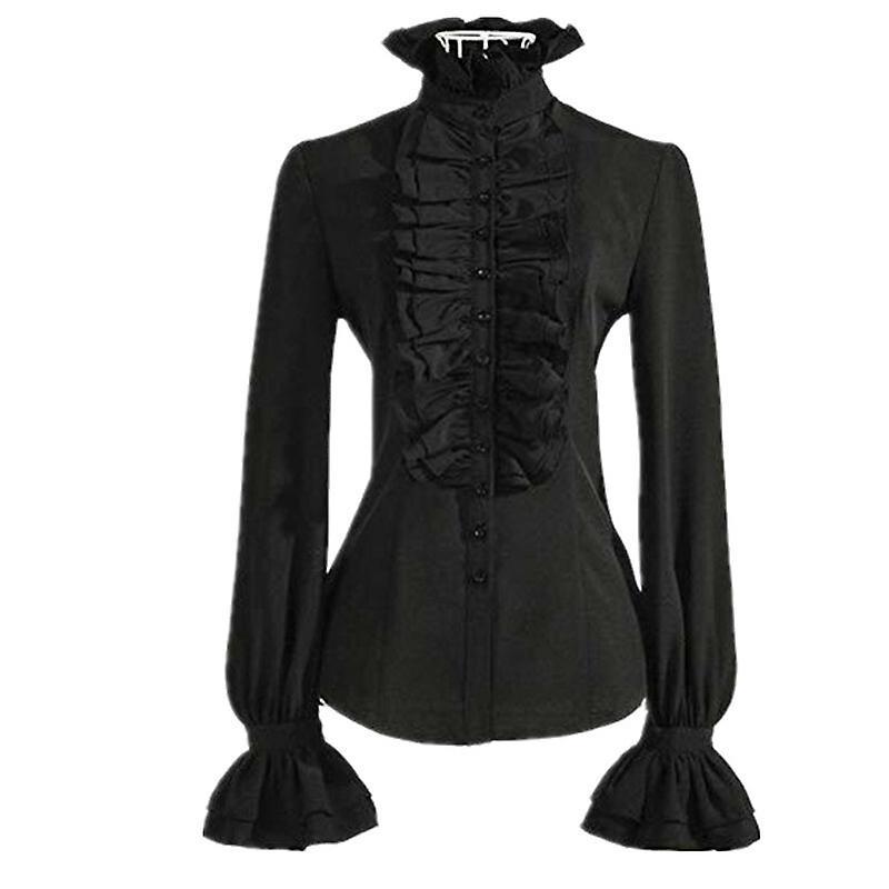 Jielin Women's Victorian Blouse Retro Stand-up Collar Long Sleeve Gothic Shirt BLACK L