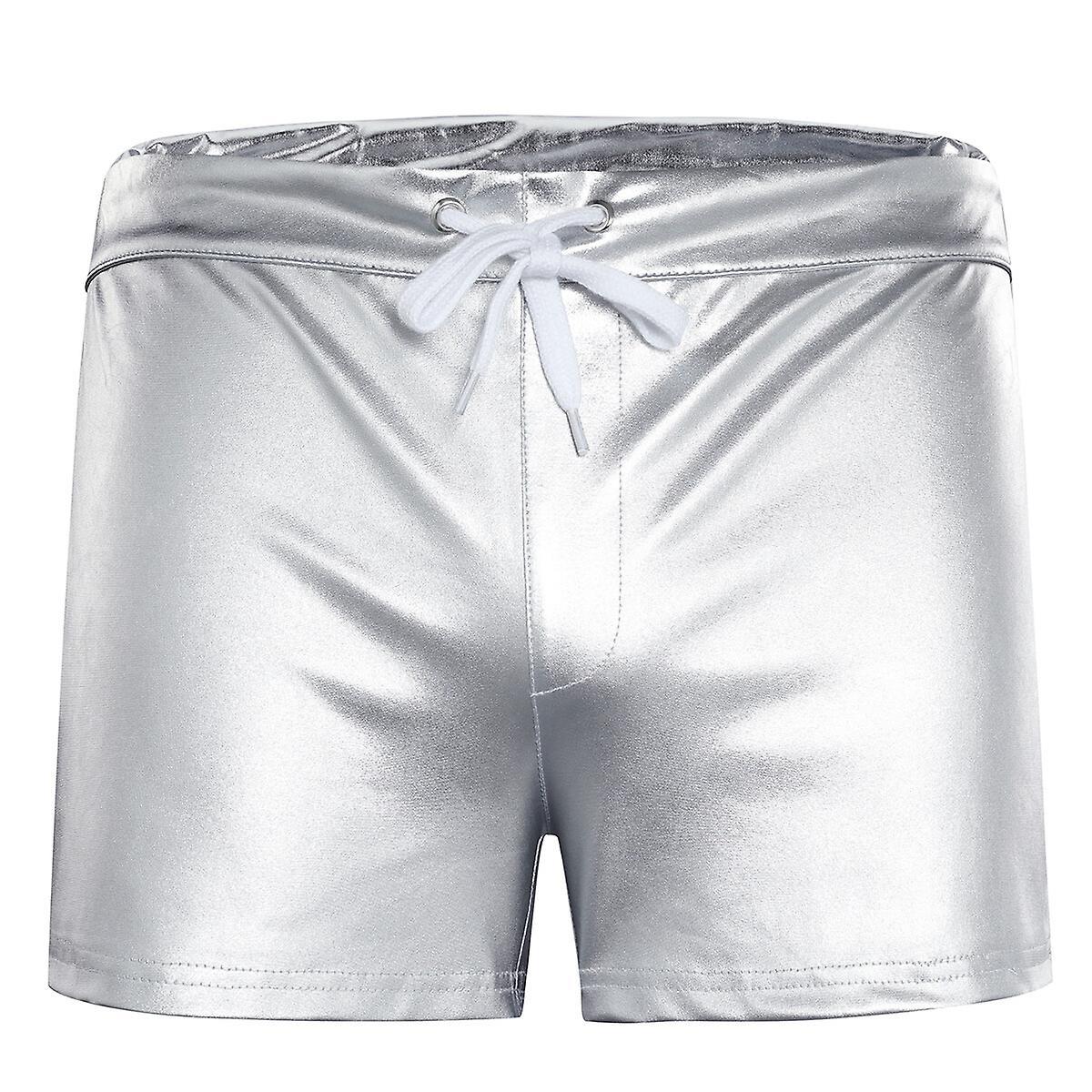 Sliktaa Mens Shiny Leather Shorts Silver L