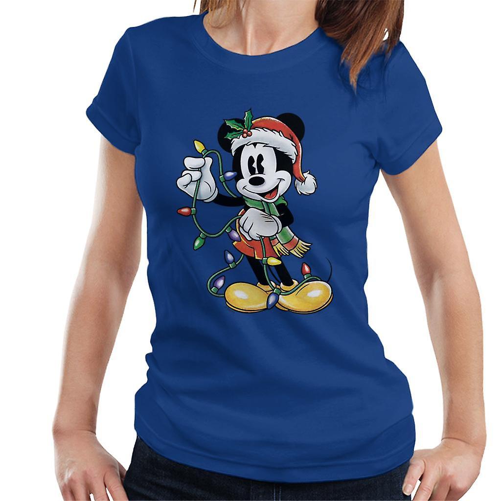 Disney Christmas Mickey Mouse Holding Xmas Lights Women's T-Shirt Royal Blue XX-Large