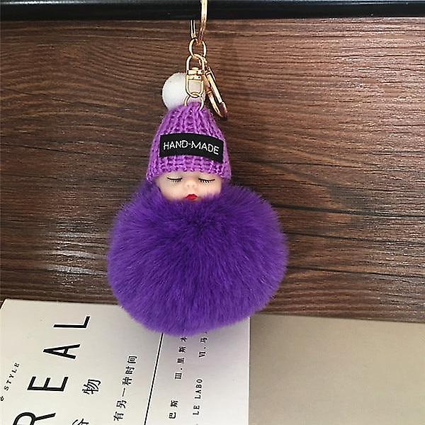 Slowmoose Cute Cartoon, Sleeping Fur Doll Keychain Handbag, Car Keys, Pendant Or purple 2