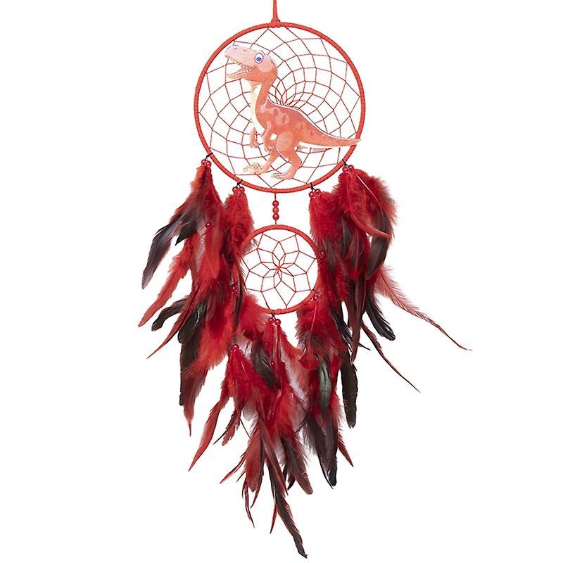 Biplut Dinosaur Dream Catcher Ornament Kids Faux LED Light Feather Dream Catcher Handmade Home Decor Birthd Red Without Light