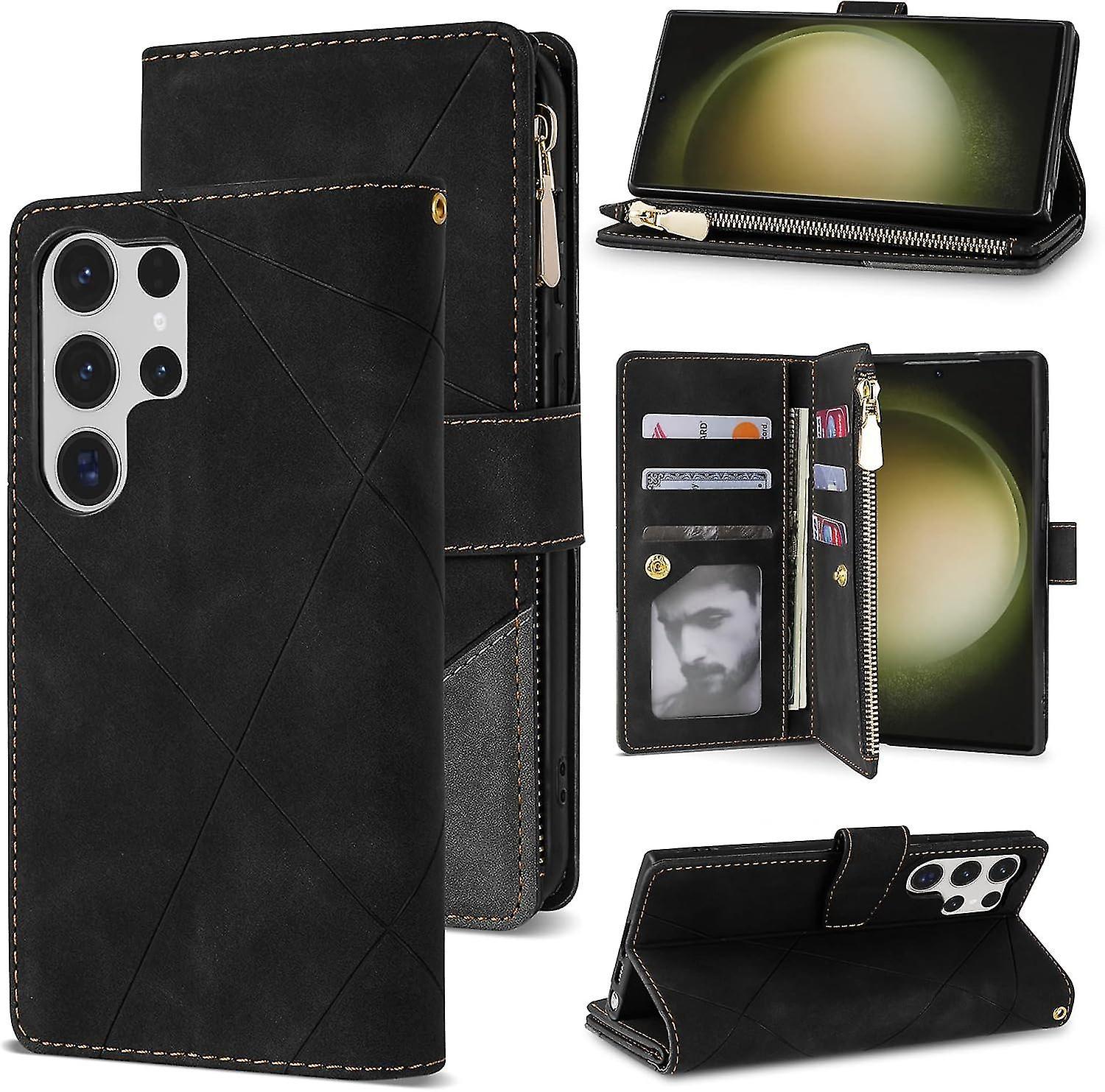 Hxetlv Wallet Case For Samsung Galaxy S24 Ultra/S24 Plus/S24, Flip Splicing PU Leather Cover with RFID Blocking Zipper Card Slots Stand & Hand Stra...