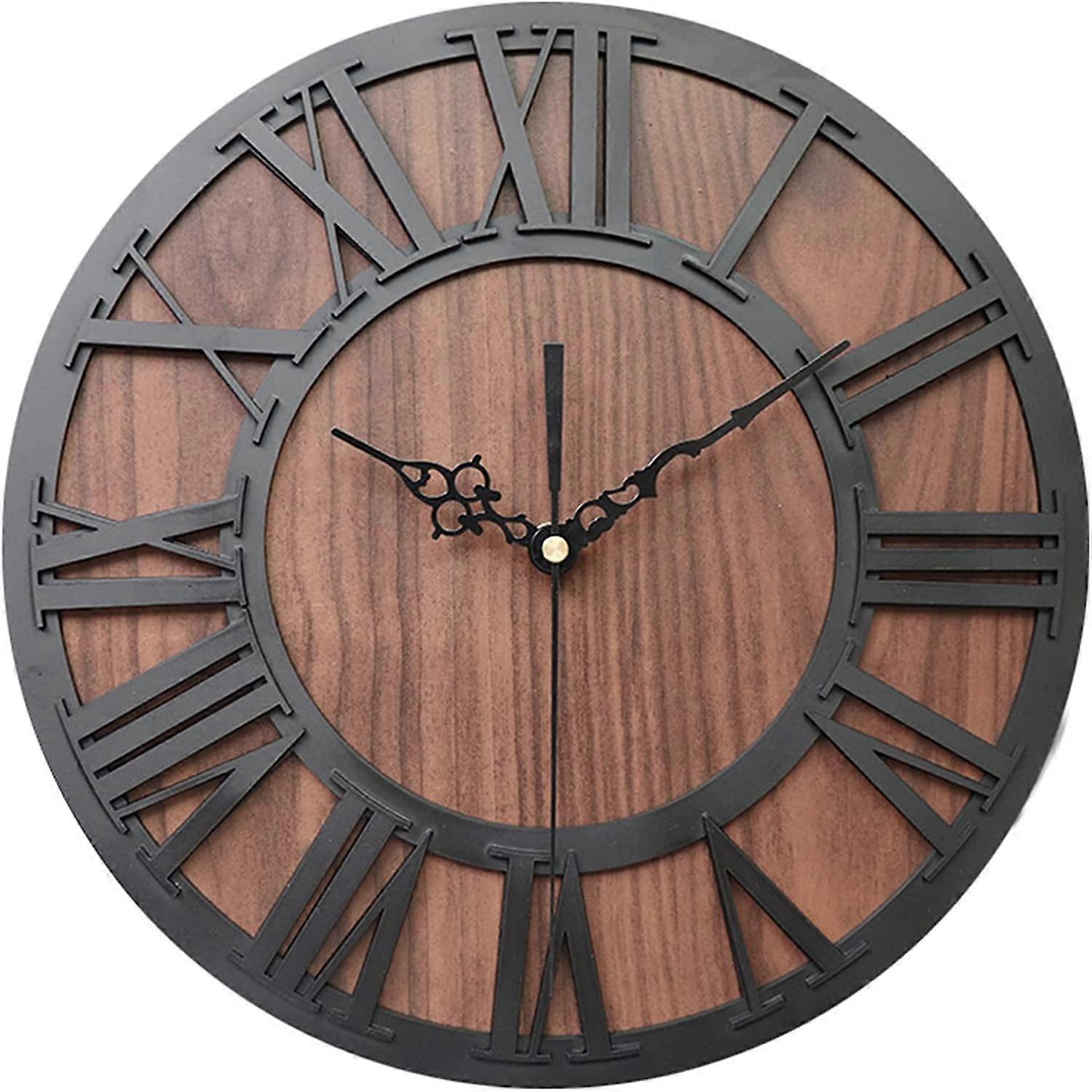 Phwj Large Vintage Wall Clock 30cm Silent Non Ticking Clock Wood Acrylic Roman Numerals Wall Pendulum Industrial Style Home Decor Living Room Bedro..