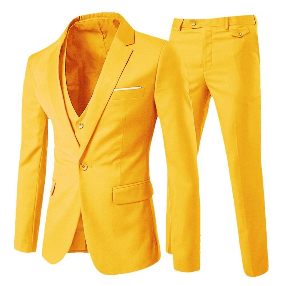 Allthemen Mens Suit 3-Piece Wedding Business Party Solid Color Slim One-button Suit (Blazer + Vest + Pants) Yellow S