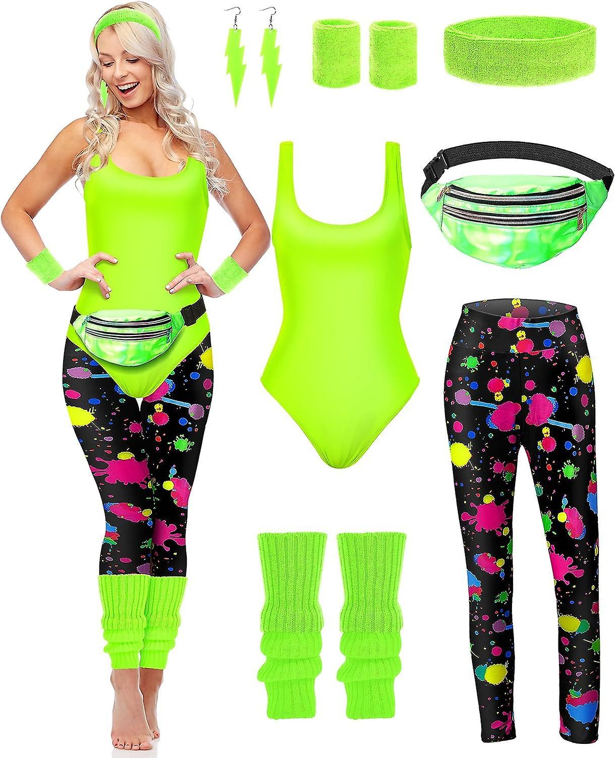 Maromalife 7 Pcs 80s Workout Costume 80s Accessories Set 80s 90s Leotard Legging Headband Wristbands Leg Warmers Earrings Fanny Pack Bright Neon Me...