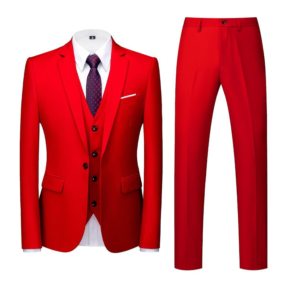 Allthemen Men's Suit 3-Piece Slim Fit One Button Suits Wedding Business Jacket Vest Trousers Red 3XL