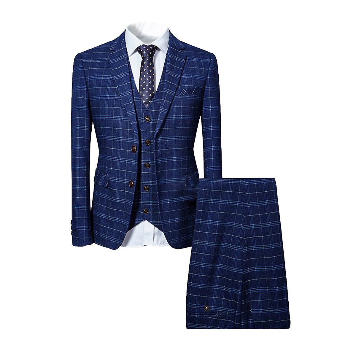 Allthemen Mens Suit 3-Piece Business Checked Slim Blazer&Pants&Vest Navy Blue XS