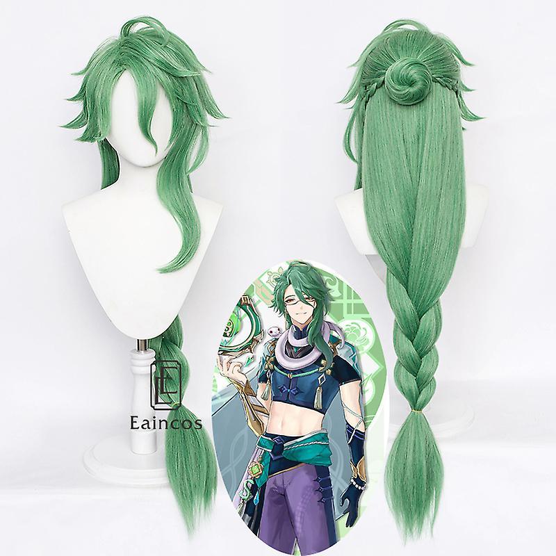 Bolongking Genshin Impact BaiZhu Cosplay Wig 100cm Green Long Wigs Heat Resistant Synthetic Hair Halloween Party COS BaiZhu Wig One Size