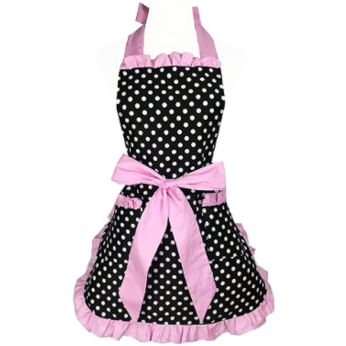 Yijin Kitchen Apron Cute Apron Retro Black Polka Dot Retro Ruffle Edge Retro Cooking Apron With Pockets, Ladies And Girls' Style (pink)