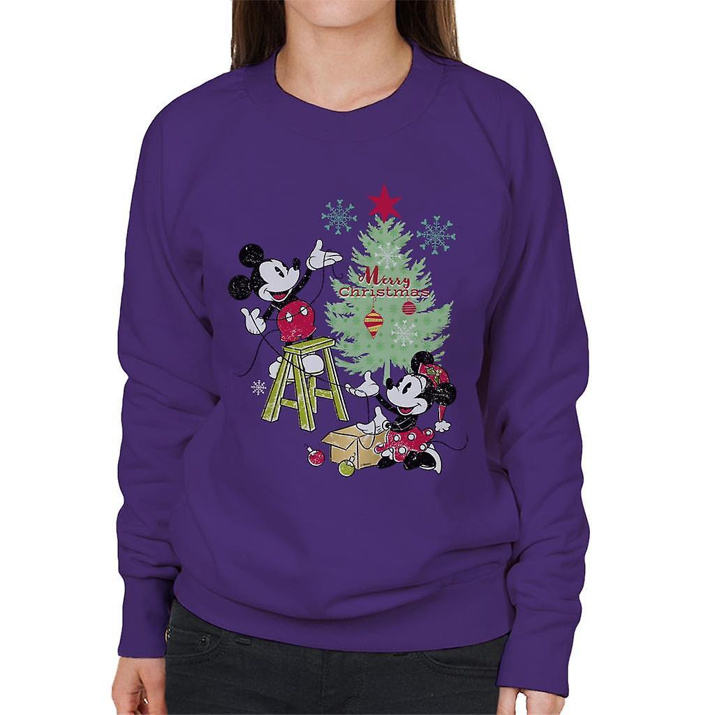 Disney Christmas Mickey And Minnie Mouse Decorating Women's Sweatshirt Purple Medium