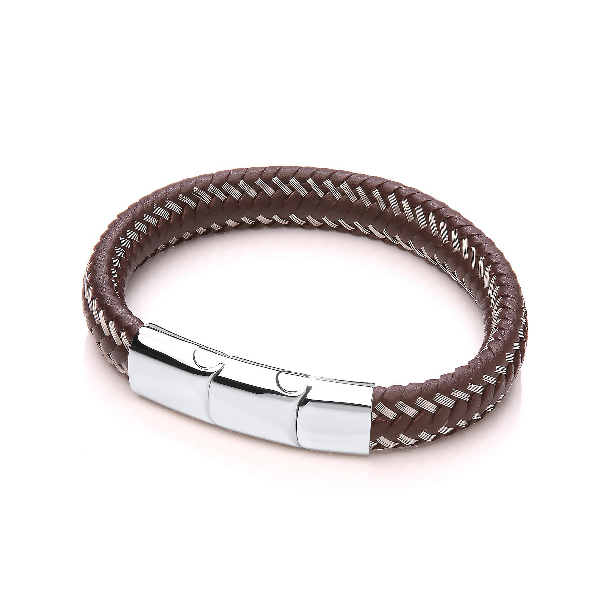 Steel  Brown Leather Platted Strap Bracelet 12mm 8.25-9 inch - BRC155BRN