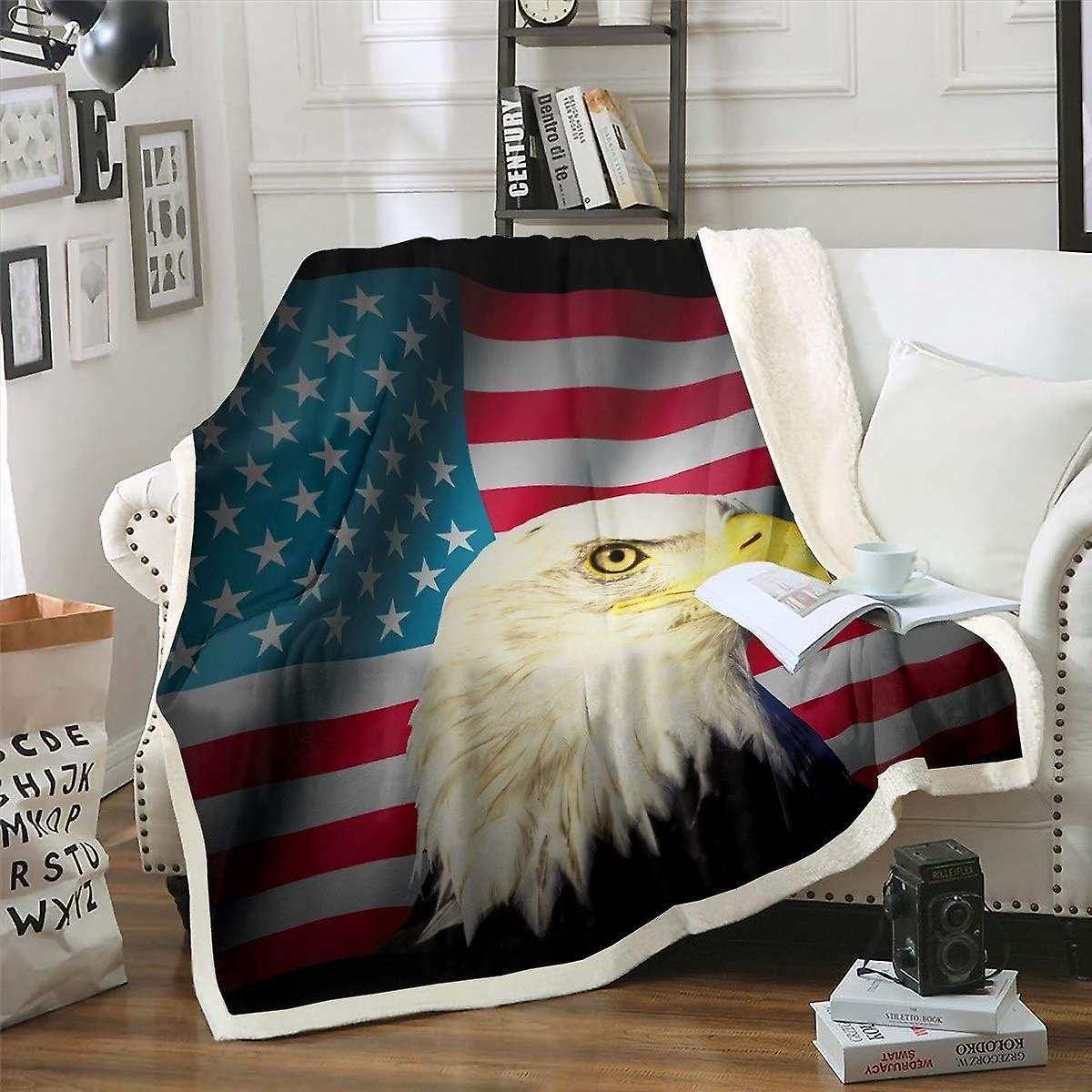 Kerota Eagle Sherpa Throw Blanket Wild Animal Themed Plush Blanket American Flag Print Fleece Blanket for Couch Sofa Wildlife Style Fuzzy Blanket U...