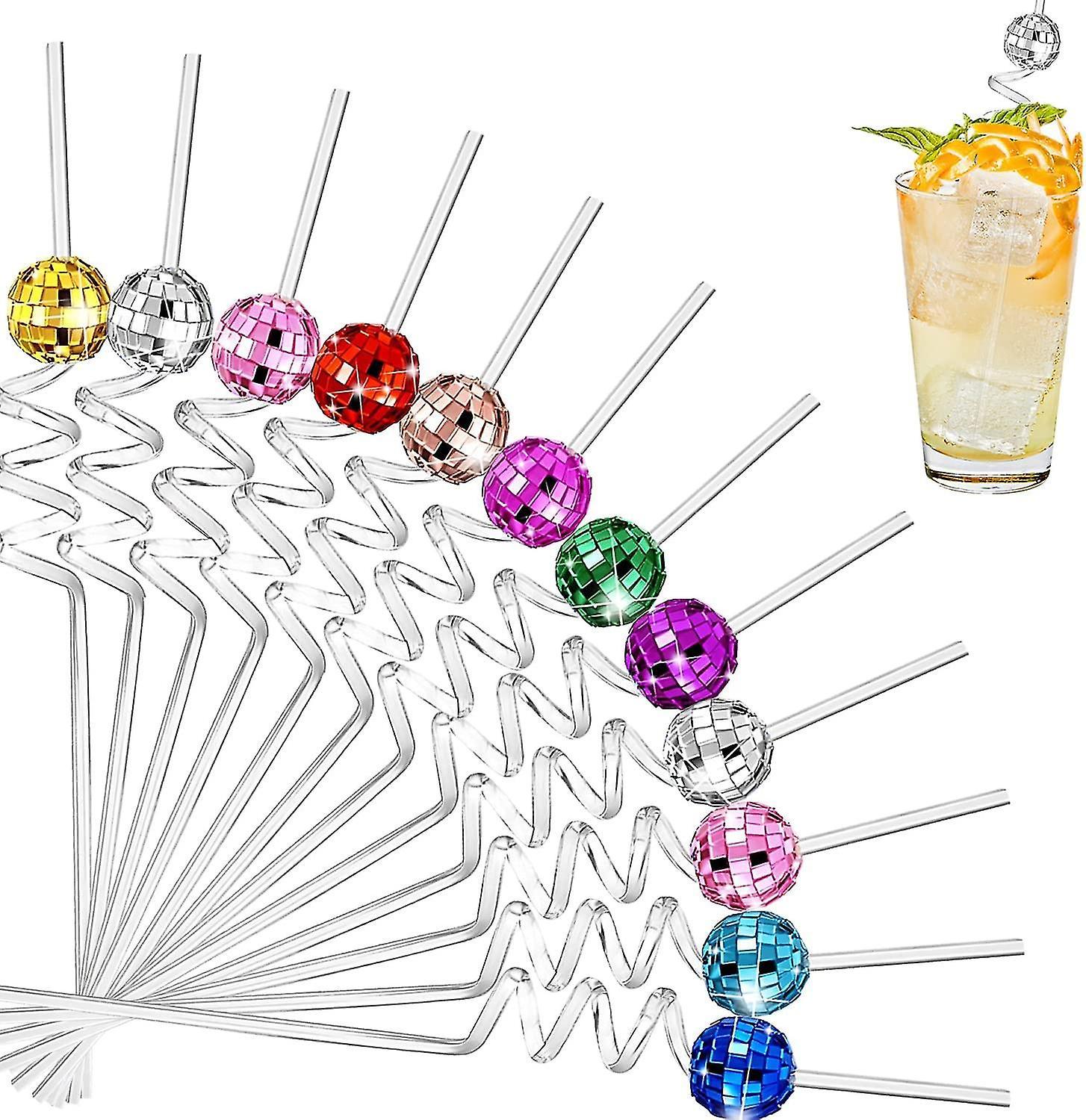 Tianzun 12pcs Mirror Disco Ball Straws, 10 Color Disco Ball Party Decorations, Plastic Mini Disco Balls Glitter Ball