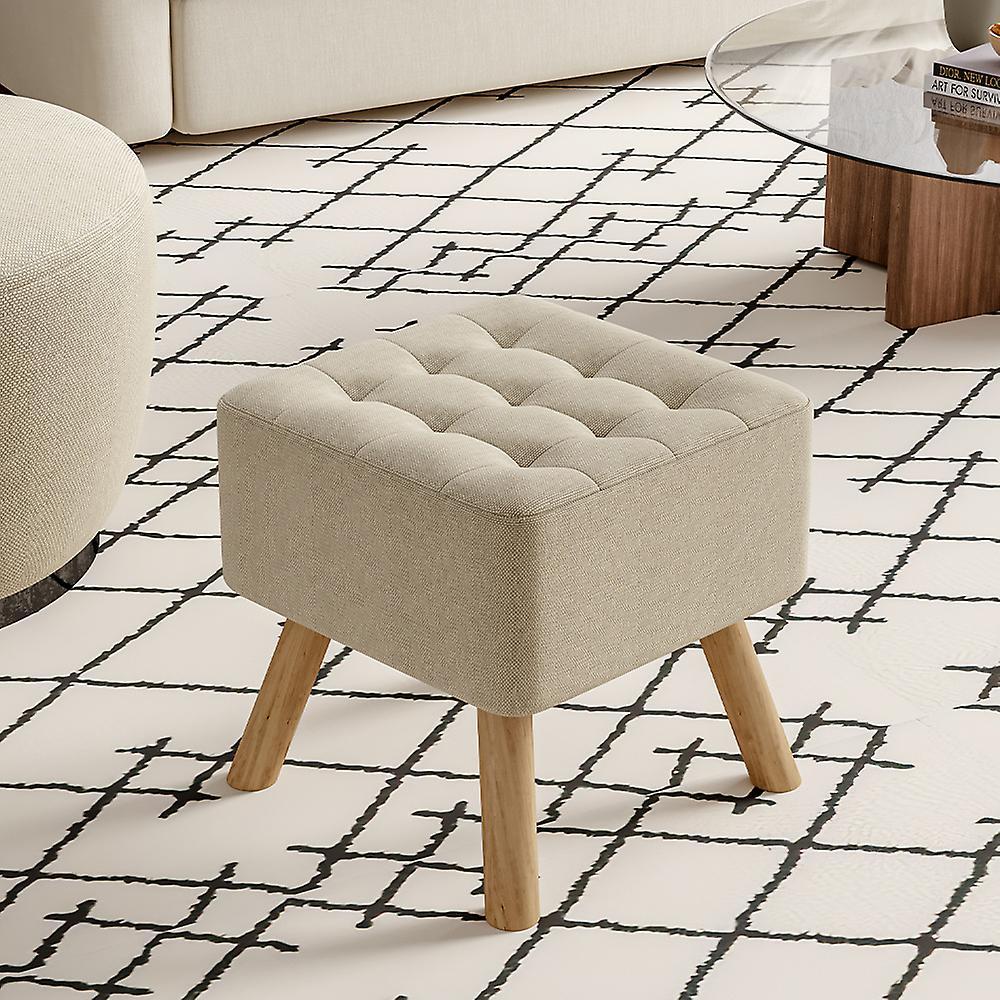 Living And Home Ottoman Linen Fabric Padded Wooden Leg Footrest Modern Square Footstool Beige