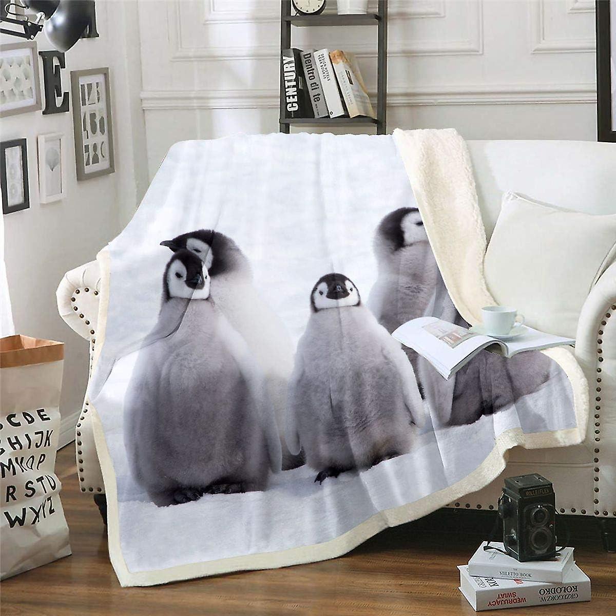 Kerota Penguin Fleece Blanket for Sofa Bed Funny Animal Printed Plush Blanket Cute Polar Animal Sherpa Throw Blanket Nature Theme Fuzzy Blanket Dou...