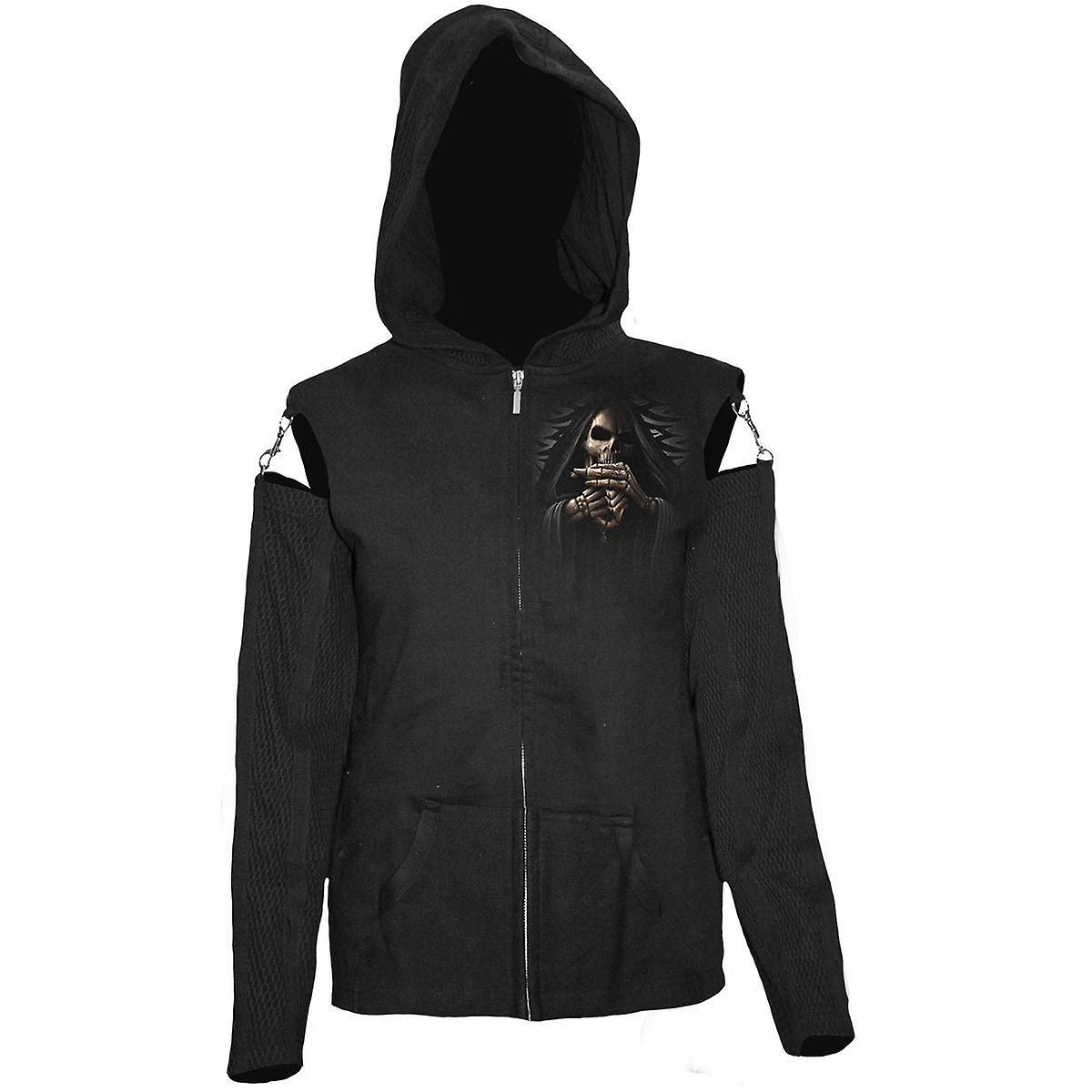 Spiral Direct Gothic BONE FINGER - Mesh Sleeve Full Zip Hoody Black |Reaper|Skulls| Small