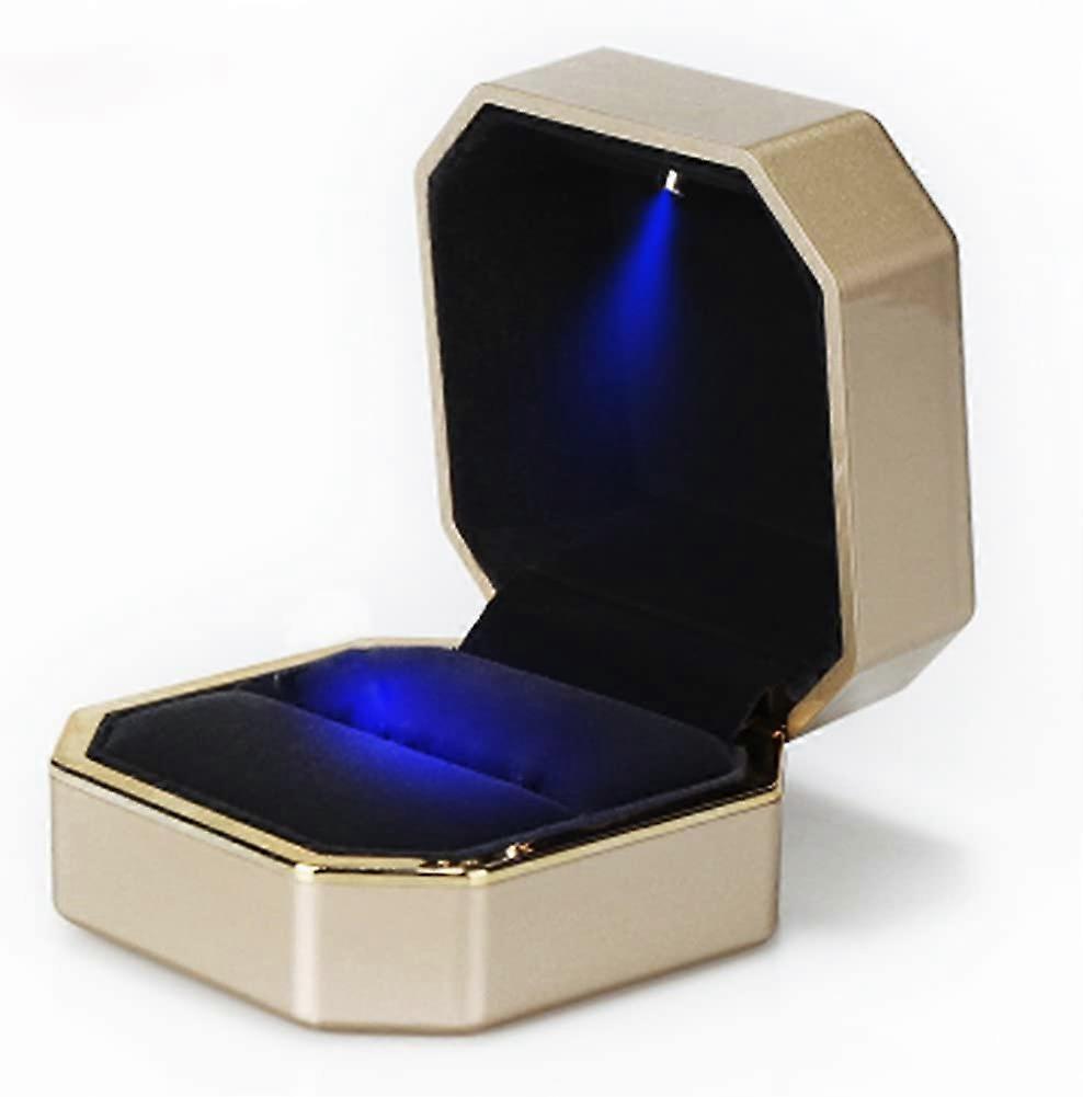 Linkrunning Luxury Ring Box, Square Velvet Wedding Ring Case Jewelry Gift Box with LED Light for Proposal Engagement Wedding, Gold